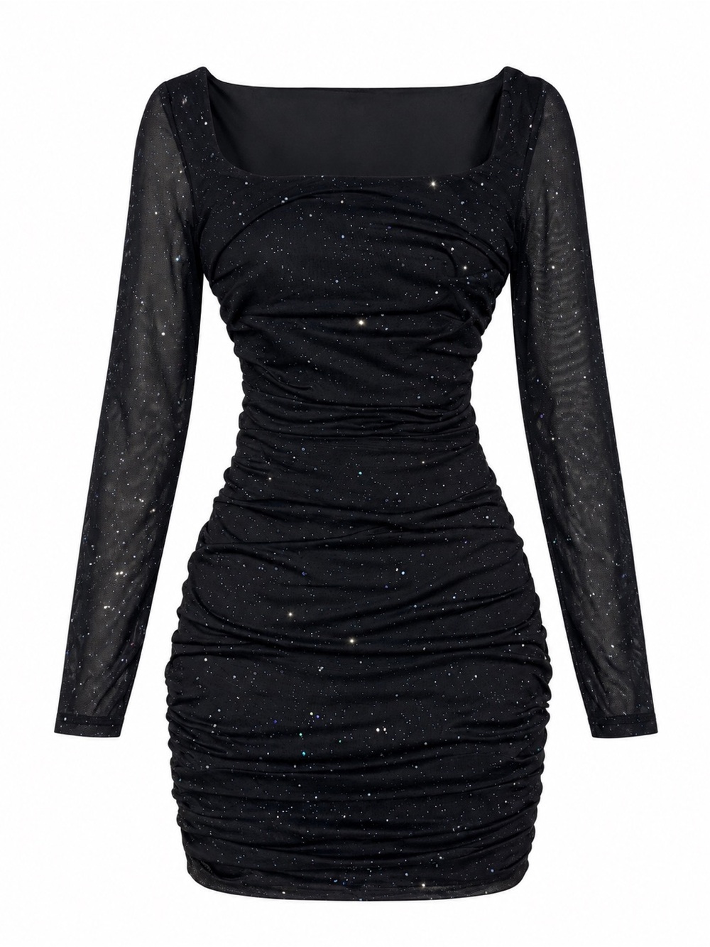 Ruched Black Long-Sleeve Glitter Mini Dress